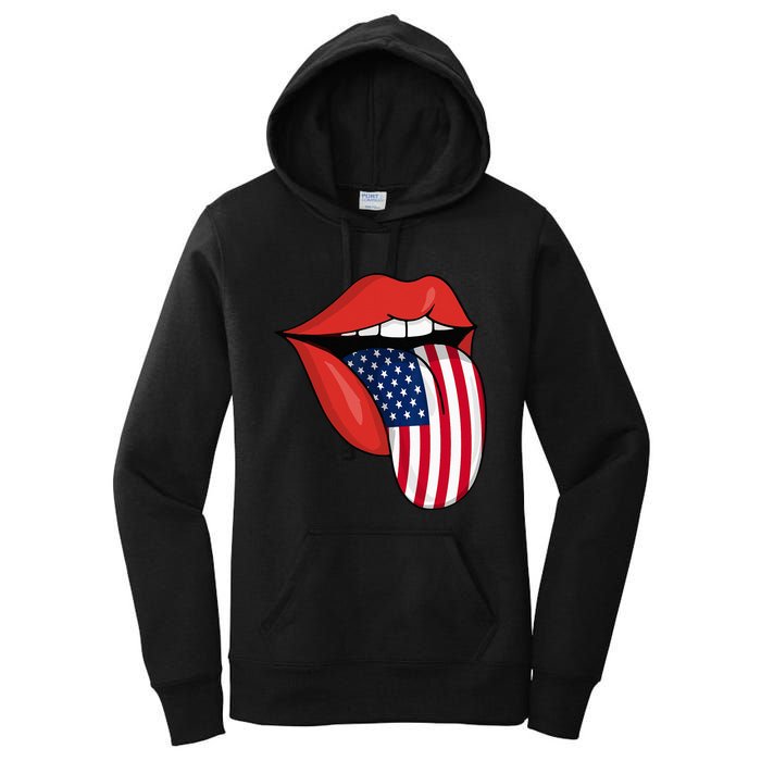 Tongue Lips Patriotic American Flag 4th Of July Women's Pullover Hoodie