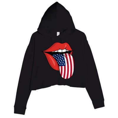 Tongue Lips Patriotic American Flag 4th Of July Crop Fleece Hoodie