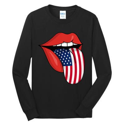 Tongue Lips Patriotic American Flag 4th Of July Tall Long Sleeve T-Shirt