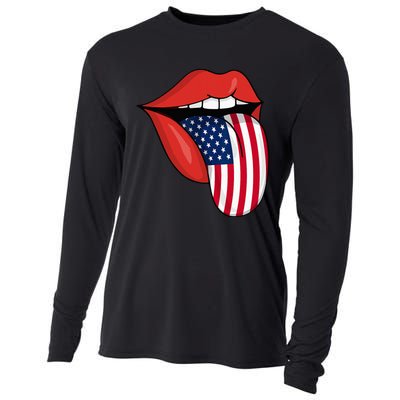 Tongue Lips Patriotic American Flag 4th Of July Cooling Performance Long Sleeve Crew