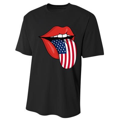 Tongue Lips Patriotic American Flag 4th Of July Performance Sprint T-Shirt