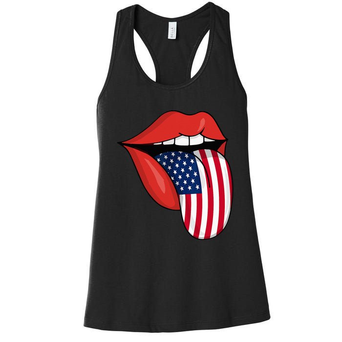 Tongue Lips Patriotic American Flag 4th Of July Women's Racerback Tank