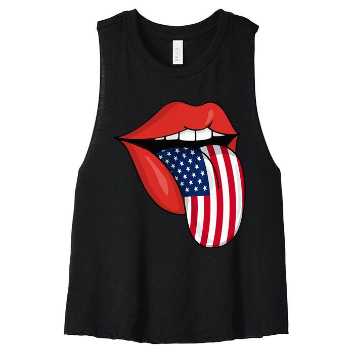 Tongue Lips Patriotic American Flag 4th Of July Women's Racerback Cropped Tank