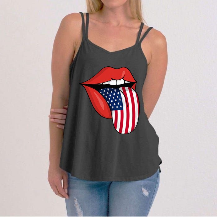 Tongue Lips Patriotic American Flag 4th Of July Women's Strappy Tank