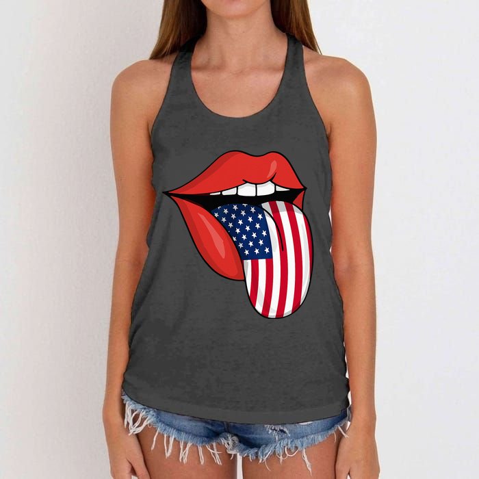 Tongue Lips Patriotic American Flag 4th Of July Women's Knotted Racerback Tank