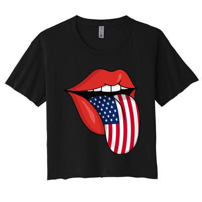 Tongue Lips Patriotic American Flag 4th Of July Women's Crop Top Tee