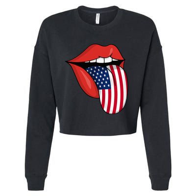 Tongue Lips Patriotic American Flag 4th Of July Cropped Pullover Crew