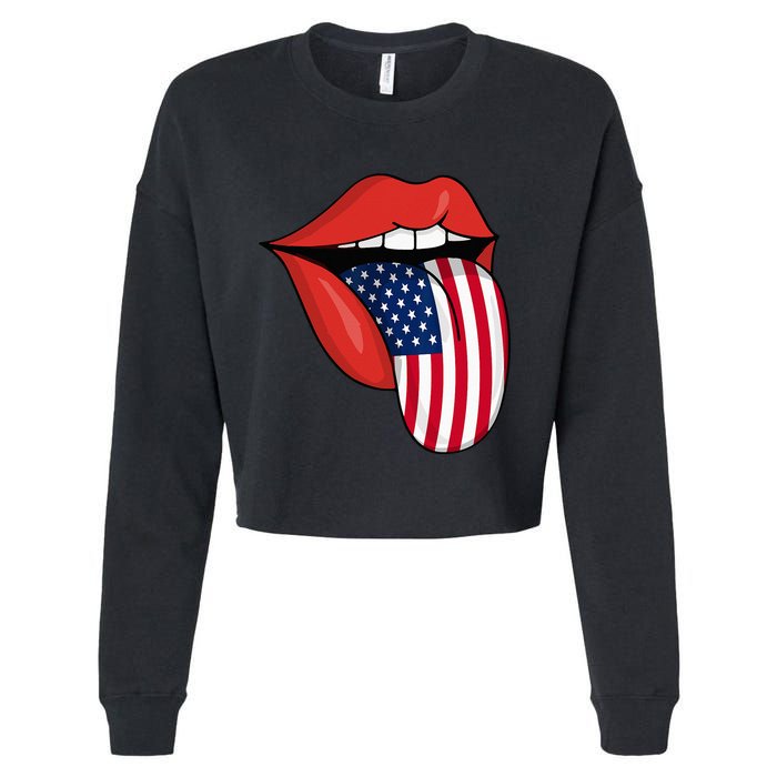 Tongue Lips Patriotic American Flag 4th Of July Cropped Pullover Crew