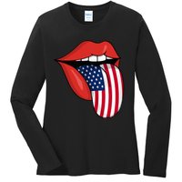 Tongue Lips Patriotic American Flag 4th Of July Ladies Long Sleeve Shirt