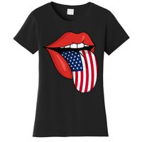 Tongue Lips Patriotic American Flag 4th Of July Women's T-Shirt