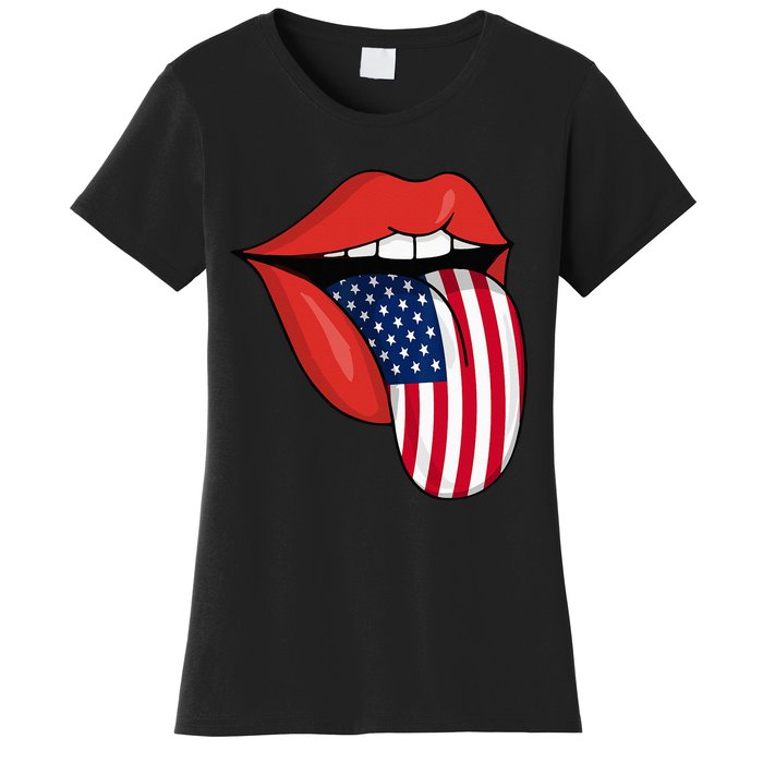 Tongue Lips Patriotic American Flag 4th Of July Women's T-Shirt