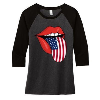 Tongue Lips Patriotic American Flag 4th Of July Women's Tri-Blend 3/4-Sleeve Raglan Shirt