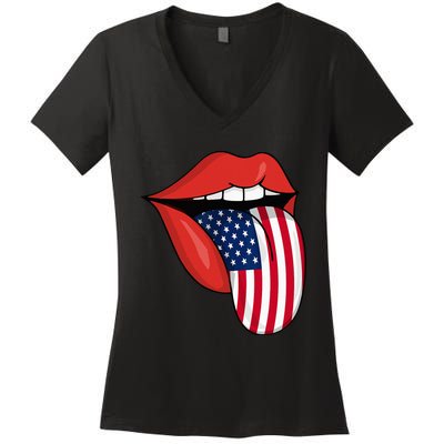 Tongue Lips Patriotic American Flag 4th Of July Women's V-Neck T-Shirt