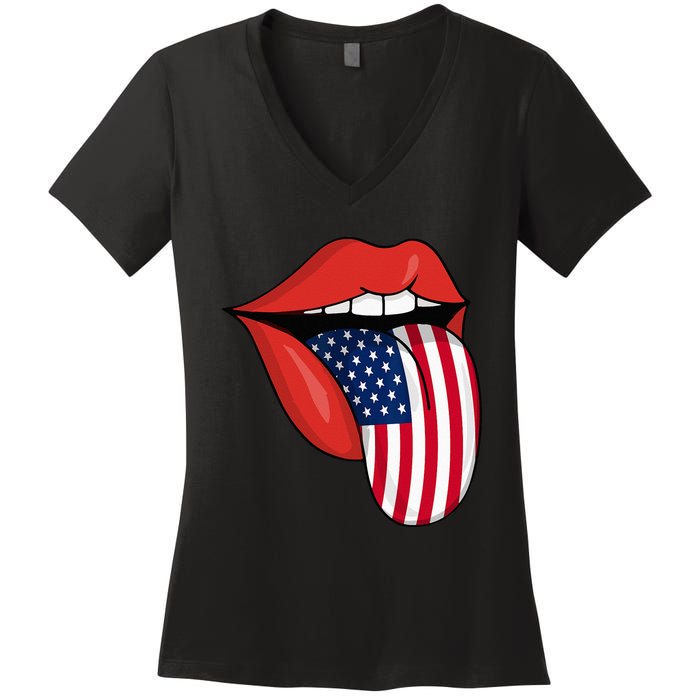 Tongue Lips Patriotic American Flag 4th Of July Women's V-Neck T-Shirt