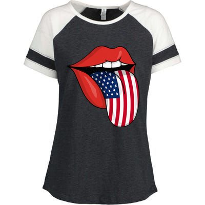 Tongue Lips Patriotic American Flag 4th Of July Enza Ladies Jersey Colorblock Tee