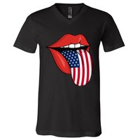 Tongue Lips Patriotic American Flag 4th Of July V-Neck T-Shirt