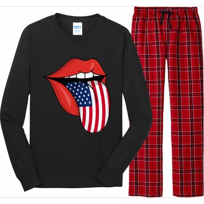 Tongue Lips Patriotic American Flag 4th Of July Long Sleeve Pajama Set