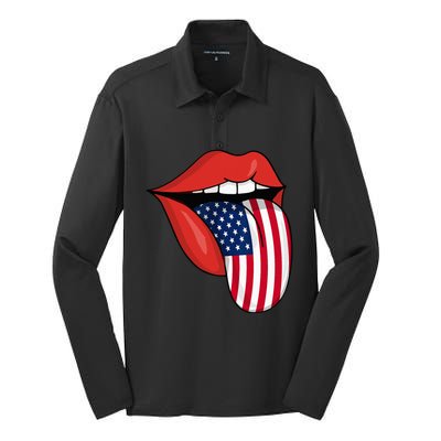 Tongue Lips Patriotic American Flag 4th Of July Silk Touch Performance Long Sleeve Polo