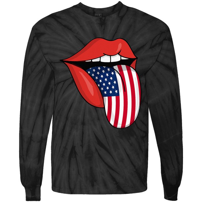 Tongue Lips Patriotic American Flag 4th Of July Tie-Dye Long Sleeve Shirt