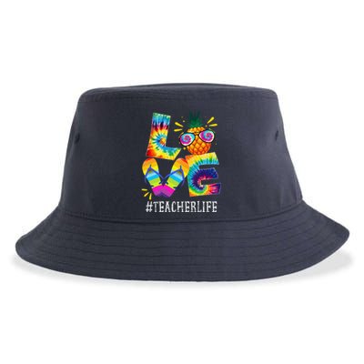 Teacher Love Pineapple Summer Funny Off Duty Tie Dye Sustainable Bucket Hat