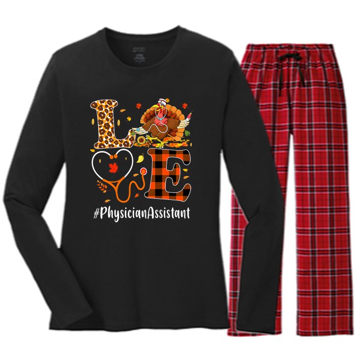 Thanksgiving Love Physician Assistant Leopard Funny Women's Long Sleeve Flannel Pajama Set 