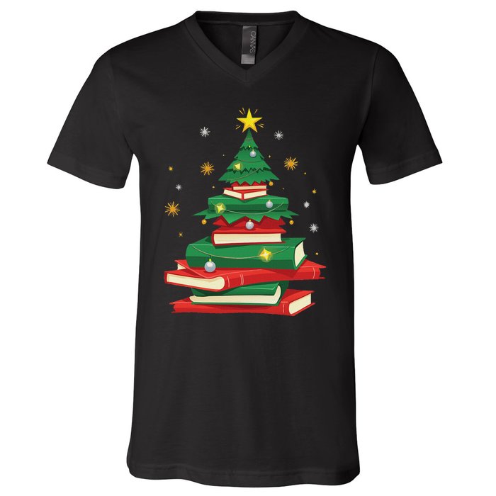 Tree Love Reading Books Librarian Women Funny Christmas V-Neck T-Shirt