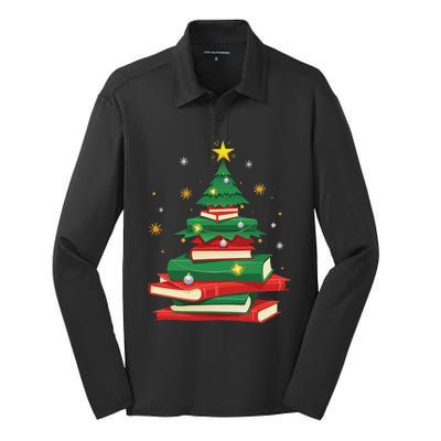 Tree Love Reading Books Librarian Women Funny Christmas Silk Touch Performance Long Sleeve Polo