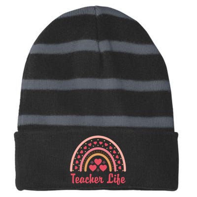 Teacher Life Rainbow Valentines Day Gift Striped Beanie with Solid Band