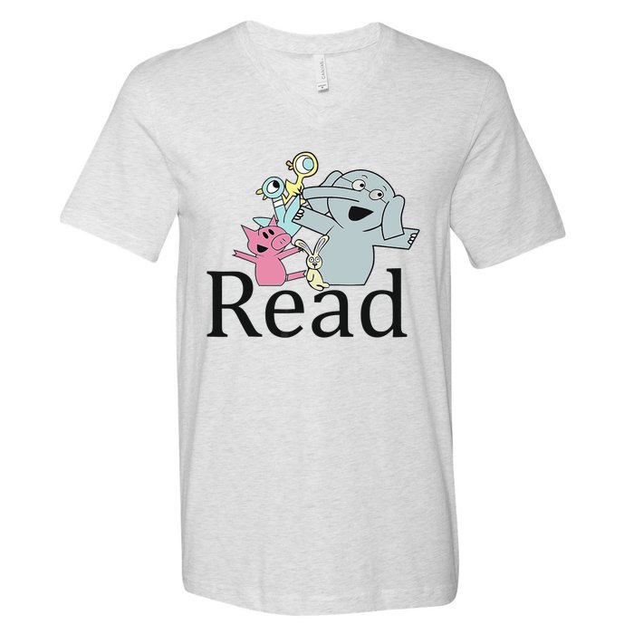 Teacher Library Read Book Club Piggie Elephant Pigeons Funny V-Neck T-Shirt