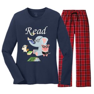 Teacher Library Read Book Club Piggie Elephant Pigeons Funny Women's Long Sleeve Flannel Pajama Set 