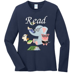 Teacher Library Read Book Club Piggie Elephant Pigeons Funny Ladies Long Sleeve Shirt