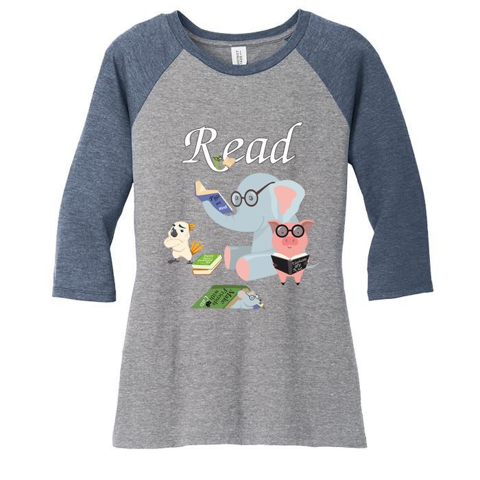 Teacher Library Read Book Club Piggie Elephant Pigeons Funny Women's Tri-Blend 3/4-Sleeve Raglan Shirt