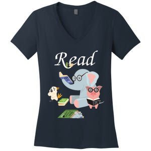 Teacher Library Read Book Club Piggie Elephant Pigeons Funny Women's V-Neck T-Shirt