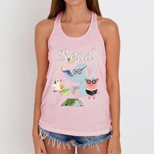 Teacher Library Read Book Club Piggie Elephant Pigeons Funny Women's Knotted Racerback Tank