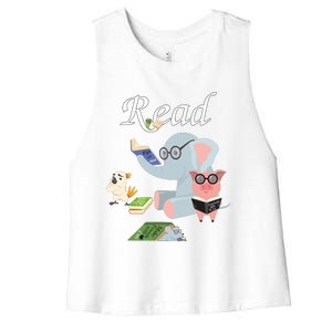 Teacher Library Read Book Club Piggie Elephant Pigeons Funny Women's Racerback Cropped Tank