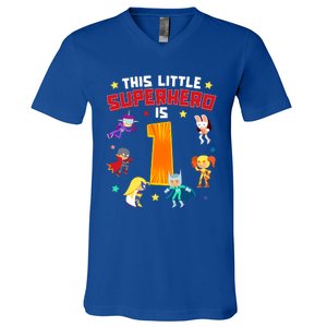 This Little Superhero Is 1 Year Old Super Hero 1st Bday Age Cute Gift V-Neck T-Shirt