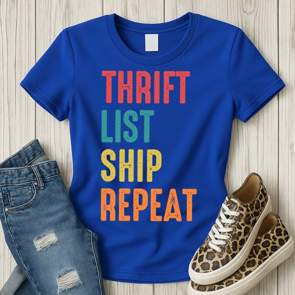 Thrift List Ship Repeat Funny Sourcing Reseller Gift Womens T-Shirt