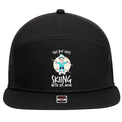 This Likes Skiing With His Mom Son Matching Cool Gift 7 Panel Mesh Trucker Snapback Hat