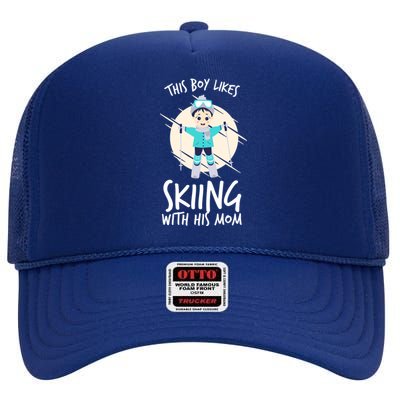 This Likes Skiing With His Mom Son Matching Cool Gift High Crown Mesh Back Trucker Hat