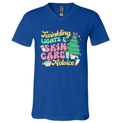 Twinkling Lights & Skin Care Advice Dermatology Nurse Xmas V-Neck T-Shirt