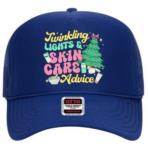 Twinkling Lights & Skin Care Advice Dermatology Nurse Xmas High Crown Mesh Back Trucker Hat