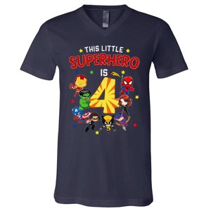 This Little Superhero Is 4 Birthday Superhero 4 Year Old Boy V-Neck T-Shirt