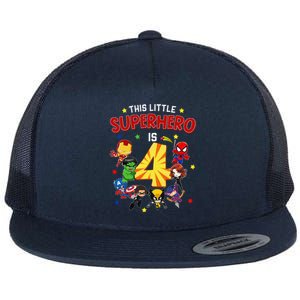 This Little Superhero Is 4 Birthday Superhero 4 Year Old Boy Flat Bill Trucker Hat