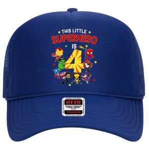 This Little Superhero Is 4 Birthday Superhero 4 Year Old Boy High Crown Mesh Back Trucker Hat