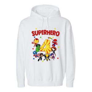 This Little Superhero Is 4 Birthday Superhero 4 Year Old Boy Garment-Dyed Fleece Hoodie