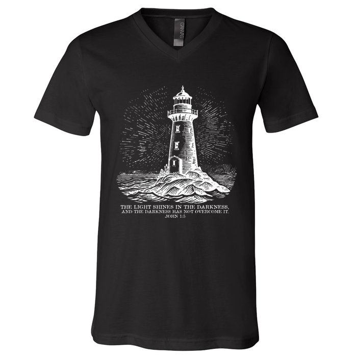 The Light Shines On In The Darkness And The Darkness V-Neck T-Shirt