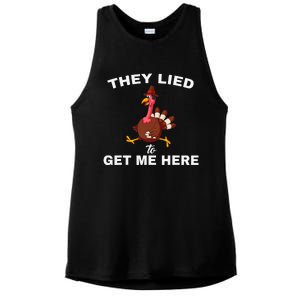 They Lied To Get Me Here Funny Thanksgiving Turkey Trot Ladies PosiCharge Tri-Blend Wicking Tank