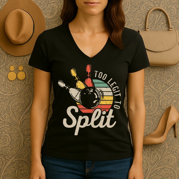 Too Legit To Split Retro Bowling Funny Bowler Bowling Team Women's V-Neck T-Shirt