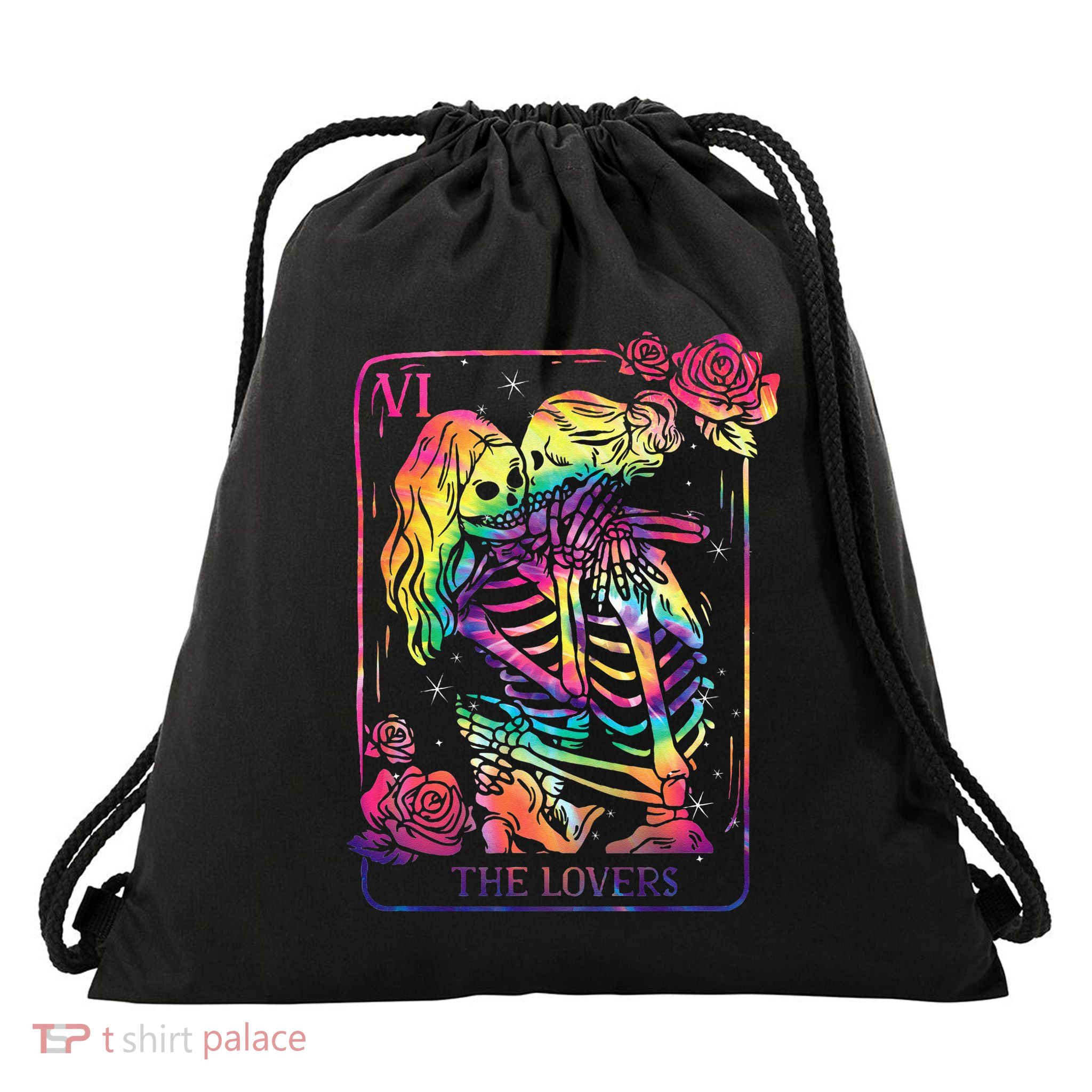The Lovers Tarot Card Goth Kissing Lesbian Skeletons Drawstring Bag