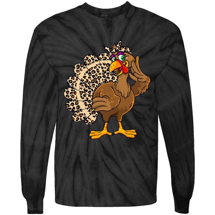 Thanksgiving Leopard Turkey Graphic Tie-Dye Long Sleeve Shirt